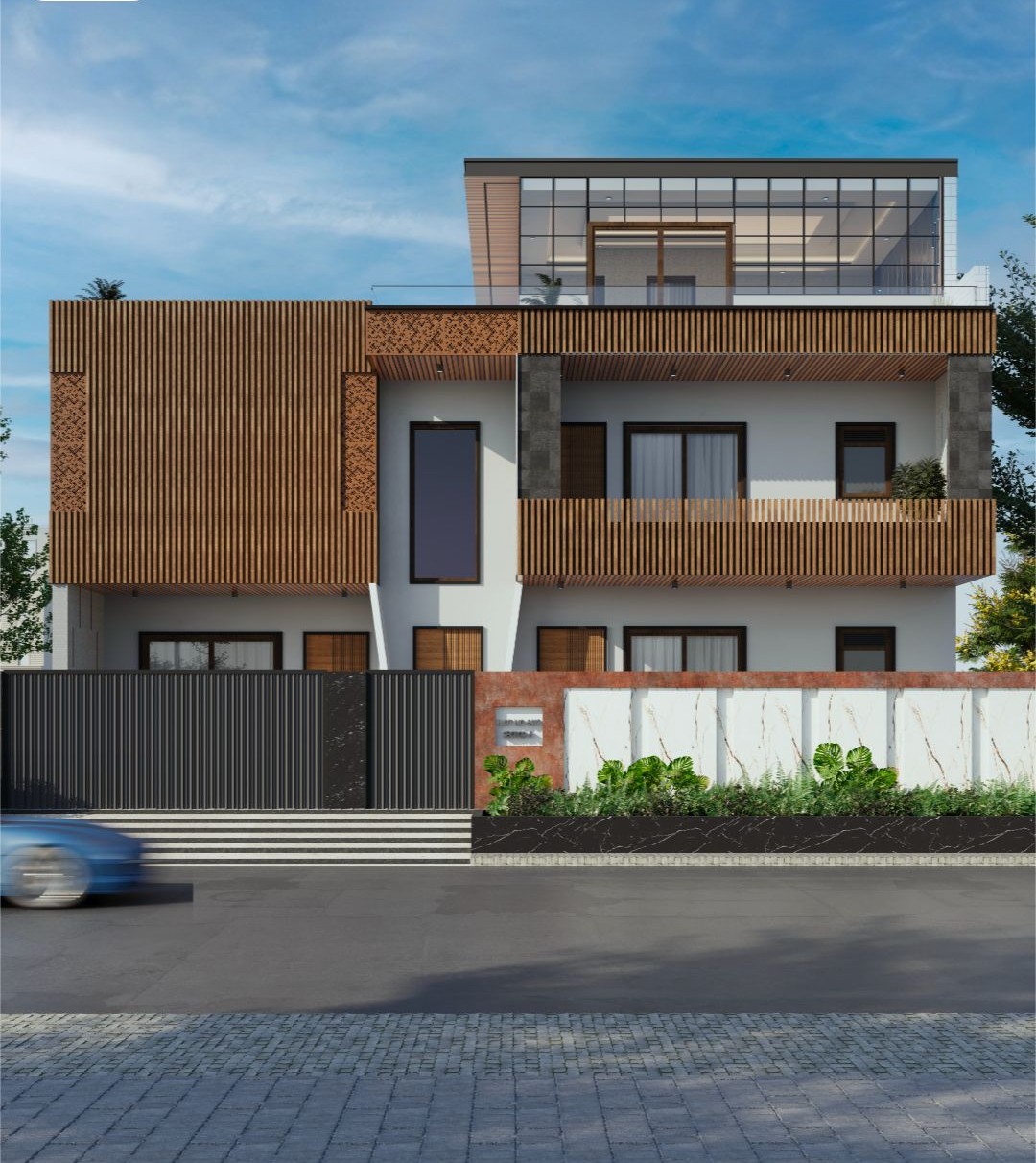 Modern building with ribbed metal exterior and glass